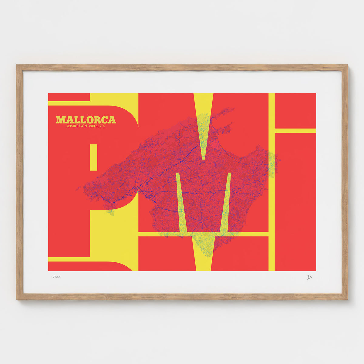 Lámina tipográfica de Mallorca – diseño Inseparable, marco de madera natural