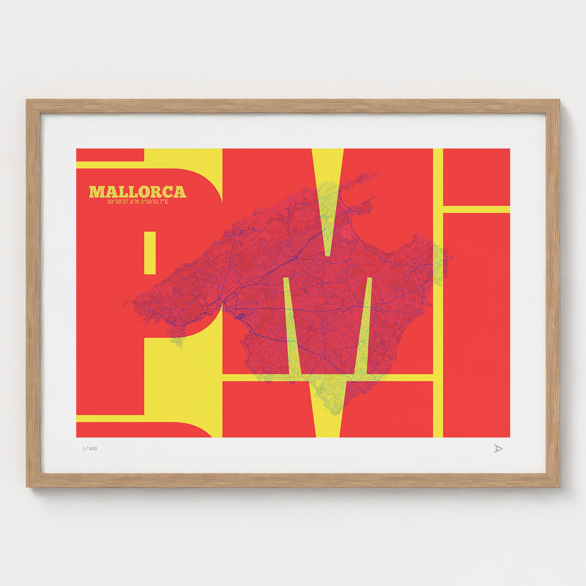 Lámina tipográfica de Mallorca – diseño Inseparable, marco de madera natural