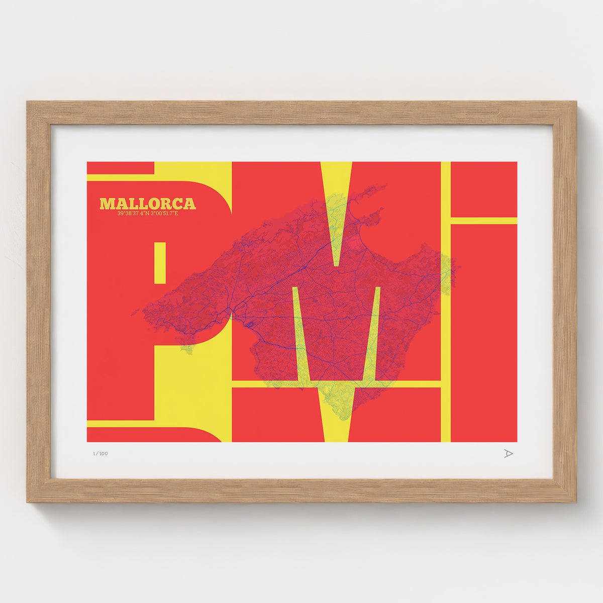 Lámina tipográfica de Mallorca – diseño Inseparable, marco de madera natural