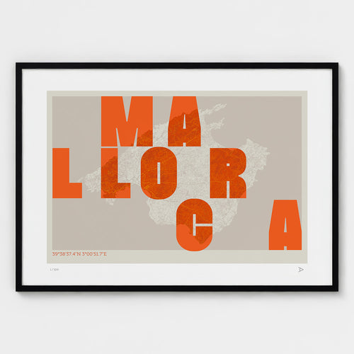 Lámina tipográfica de Mallorca – diseño Revoltosa, marco negro