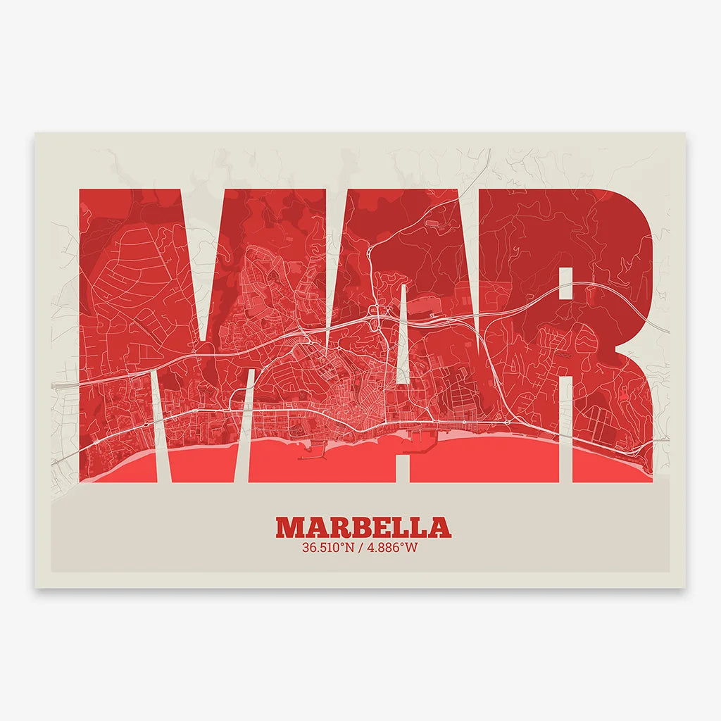 Decorative print of Marbella composed with letters in a heavy geometric font printed on red and an off-white background