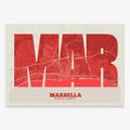 Decorative print of Marbella composed with letters in a heavy geometric font printed on red and an off-white background