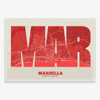 Decorative print of Marbella composed with letters in a heavy geometric font printed on red and an off-white background