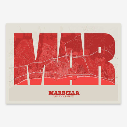 The map of Marbella composed with letters in a heavy geometric font printed on red and an off-white background