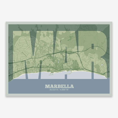 The map of Marbella composed with letters in a heavy geometric font printed on two green tones