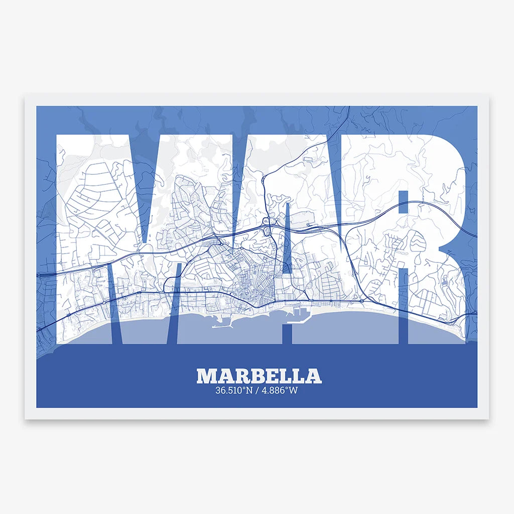 Decorative print of Marbella composed with letters in a heavy geometric font printed on navy blue and white