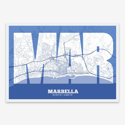 The map of Marbella composed with letters in a heavy geometric font printed on navy blue and white