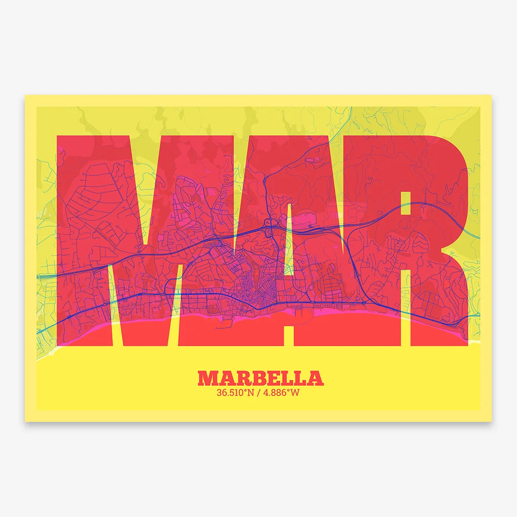 Decorative print of Marbella composed with letters in a heavy geometric font printed on yellow and fuchsia