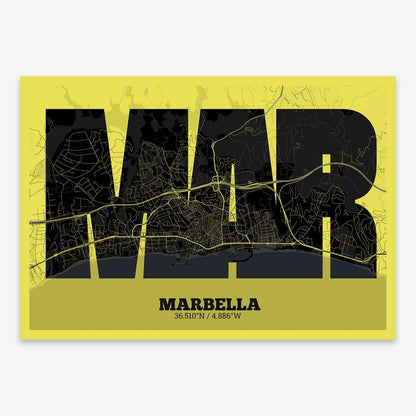 The map of Marbella composed with letters in a heavy geometric font printed on black and yellow