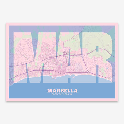 The map of Marbella composed with letters in a heavy geometric font printed on pink and light blue