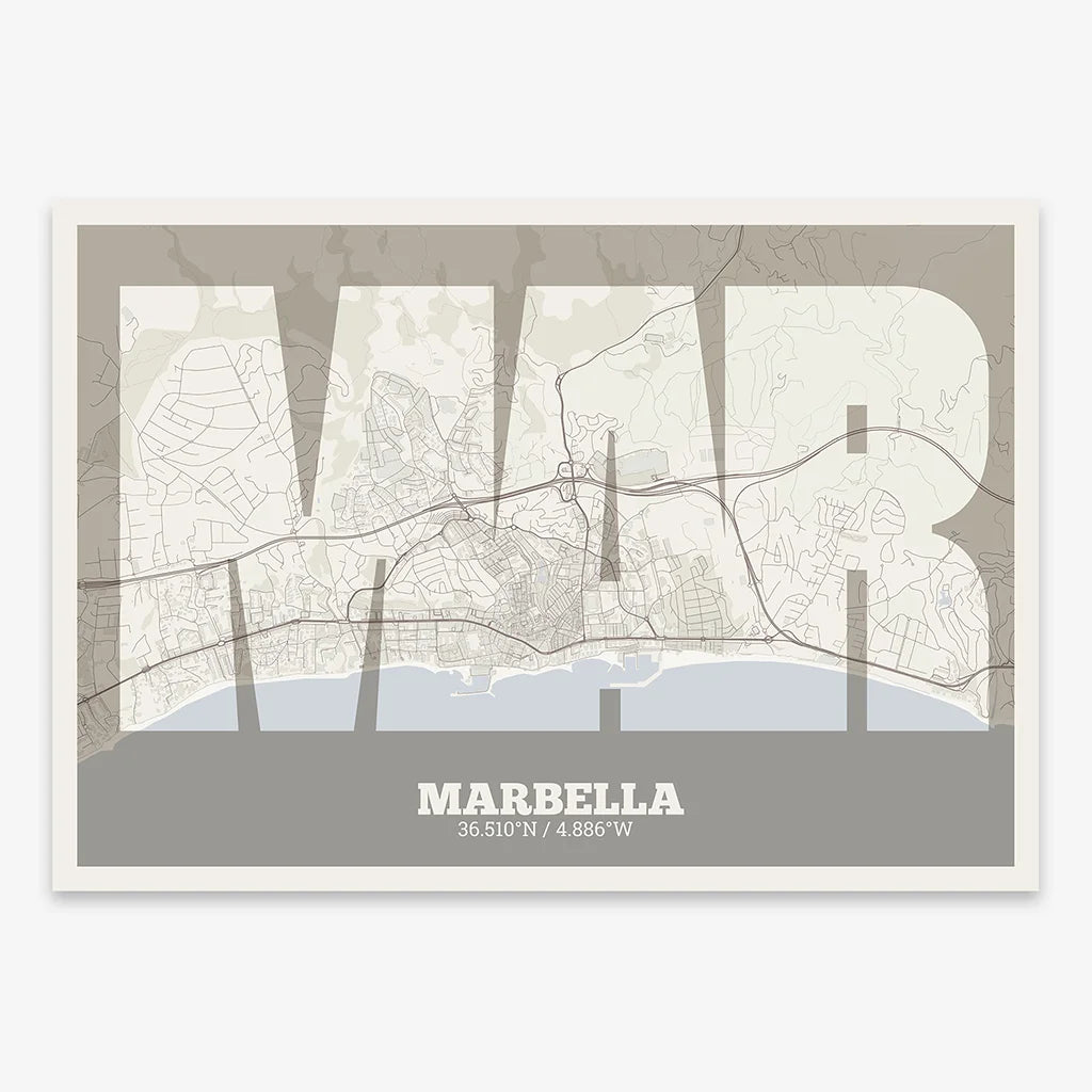 Decorative print of Marbella composed with letters in a heavy geometric font printed on light brown and an off-white background