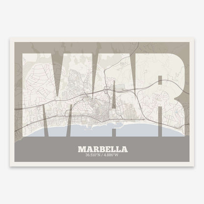 The map of Marbella composed with letters in a heavy geometric font printed on light brown and an off-white background