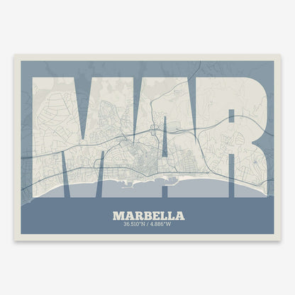 The map of Marbella composed with letters in a heavy geometric font printed on bluish gray and an off-white background