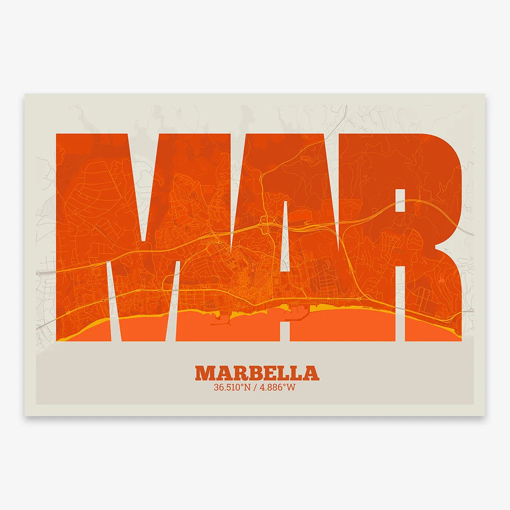 Decorative print of Marbella composed with letters in a heavy geometric font printed on orange and an off-white background