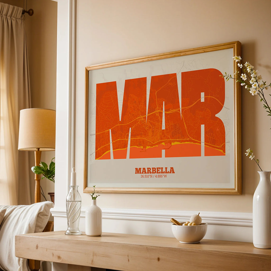Modern interior design with a Marbella in Super Bold design, a typographic poster where the city map is overlaid with extra-thick lettering for a modern, high-impact look designed in orange and an off-white background, displayed on a living room wall
