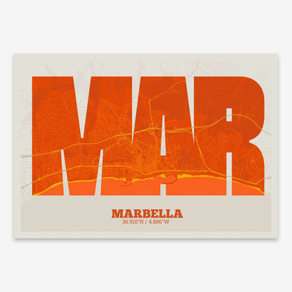The map of Marbella composed with letters in a heavy geometric font printed on orange and an off-white background