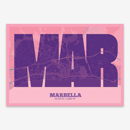 The map of Marbella composed with letters in a heavy geometric font printed on violet y pink background