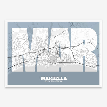 The map of Marbella composed with letters in a heavy geometric font printed on black and white