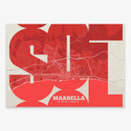 Poster of Marbella composed with letters from its abbreviation or its airport IATA code printed on red and an off-white background