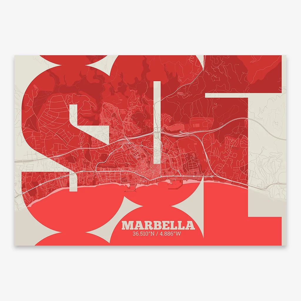 Poster of Marbella composed with letters from its abbreviation or its airport IATA code printed on red and an off-white background