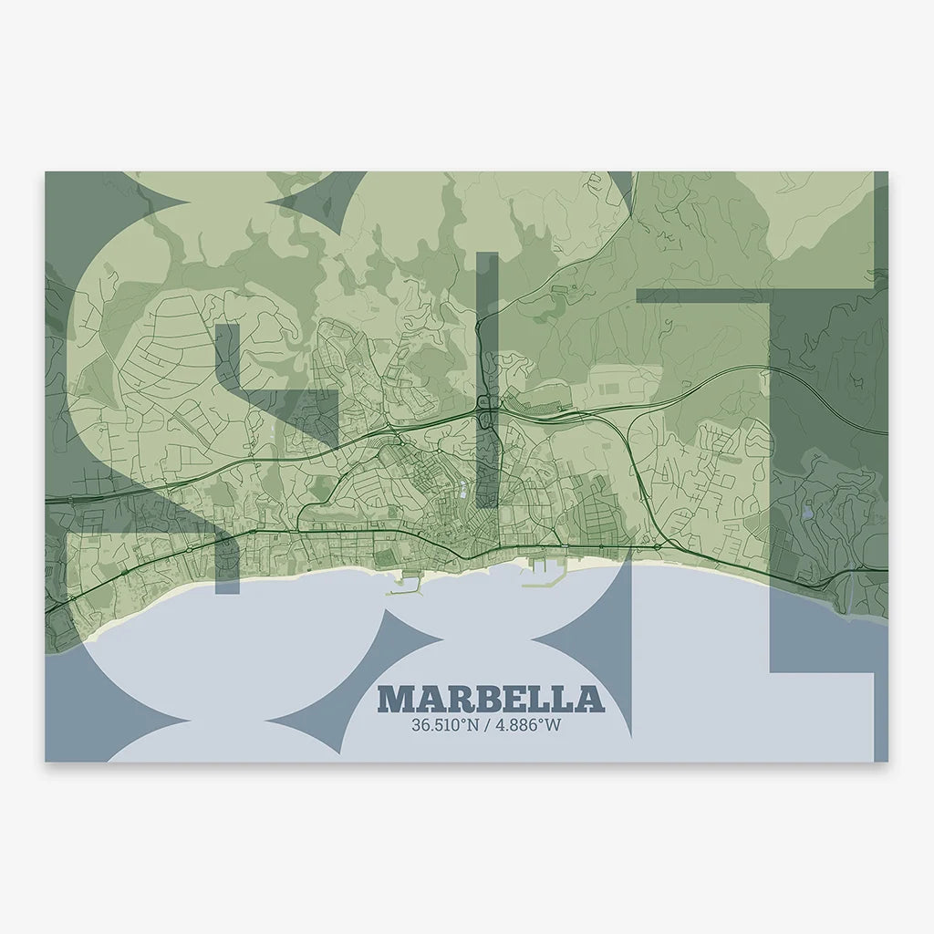Poster of Marbella composed with letters from its abbreviation or its airport IATA code printed on two green tones