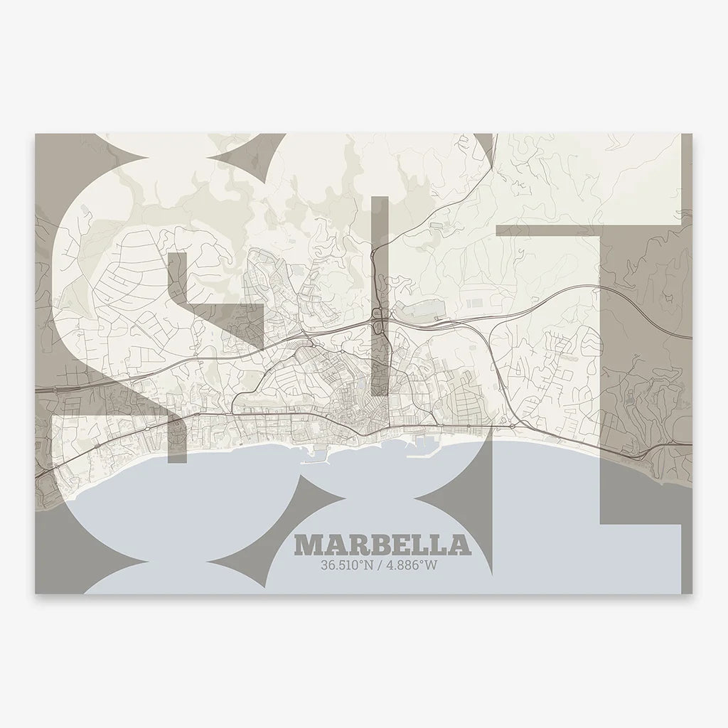 Poster of Marbella composed with letters from its abbreviation or its airport IATA code printed on light brown and an off-white background