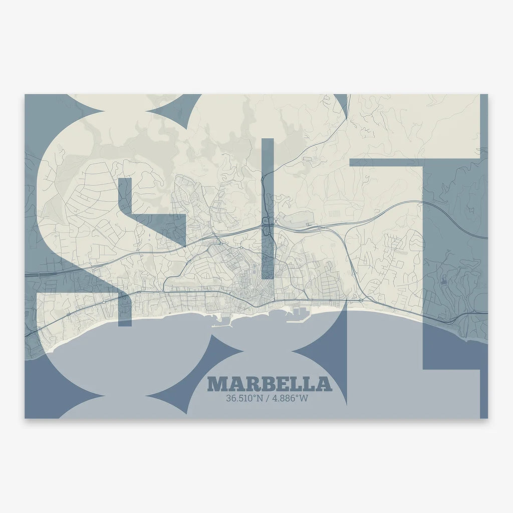Poster of Marbella composed with letters from its abbreviation or its airport IATA code printed on bluish gray and an off-white background