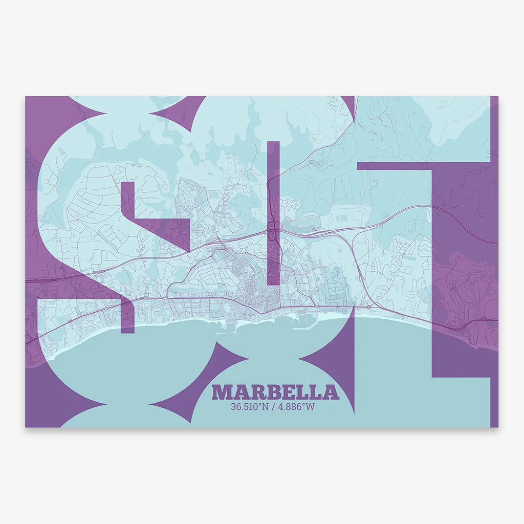 Poster of Marbella composed with letters from its abbreviation or its airport IATA code printed on purple and light blue
