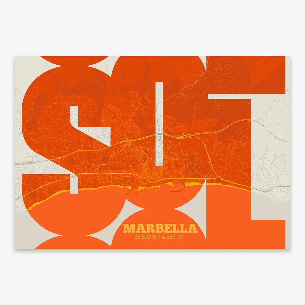 Poster of Marbella composed with letters from its abbreviation or its airport IATA code printed on orange and an off-white background