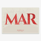 Decorative map of Marbella composed with letters in serif font printed on red and an off-white background