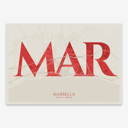 The map of Marbella composed with letters in serif font printed on red and an off-white background