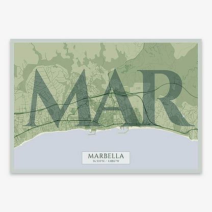 Decorative map of Marbella composed with letters in serif font printed on two green tones