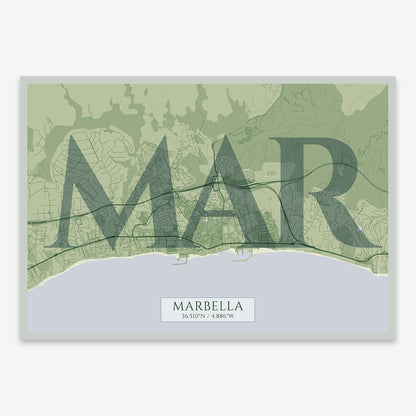 The map of Marbella composed with letters in serif font printed on two green tones