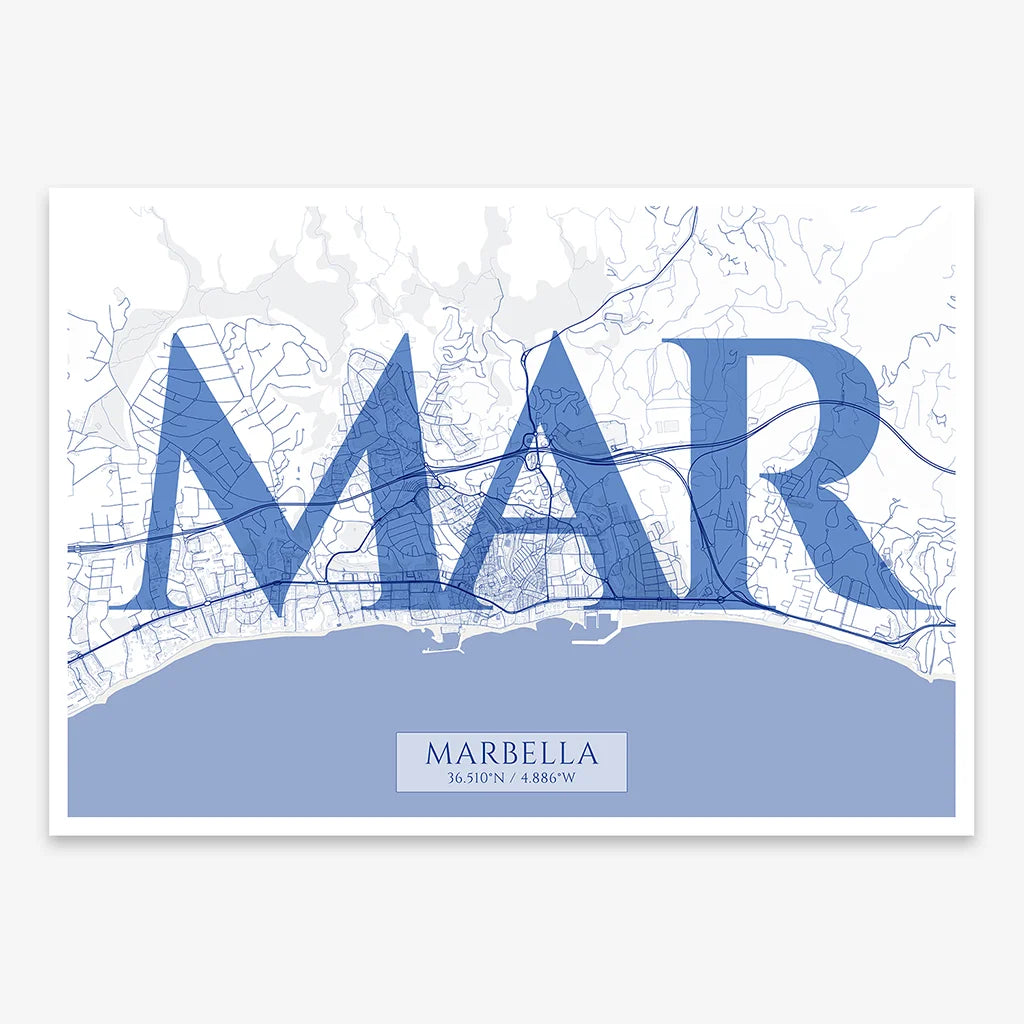 Decorative map of Marbella composed with letters in serif font printed on navy blue and white