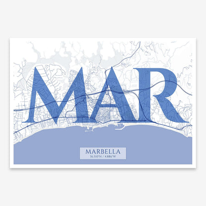 The map of Marbella composed with letters in serif font printed on navy blue and white