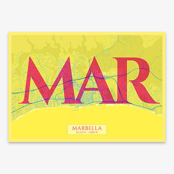 Decorative map of Marbella composed with letters in serif font printed on yellow and fuchsia