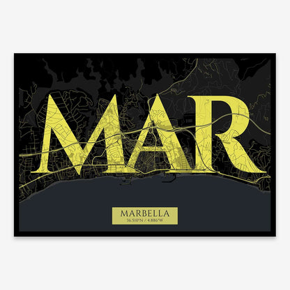 The map of Marbella composed with letters in serif font printed on black and yellow