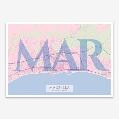 The map of Marbella composed with letters in serif font printed on pink and light blue