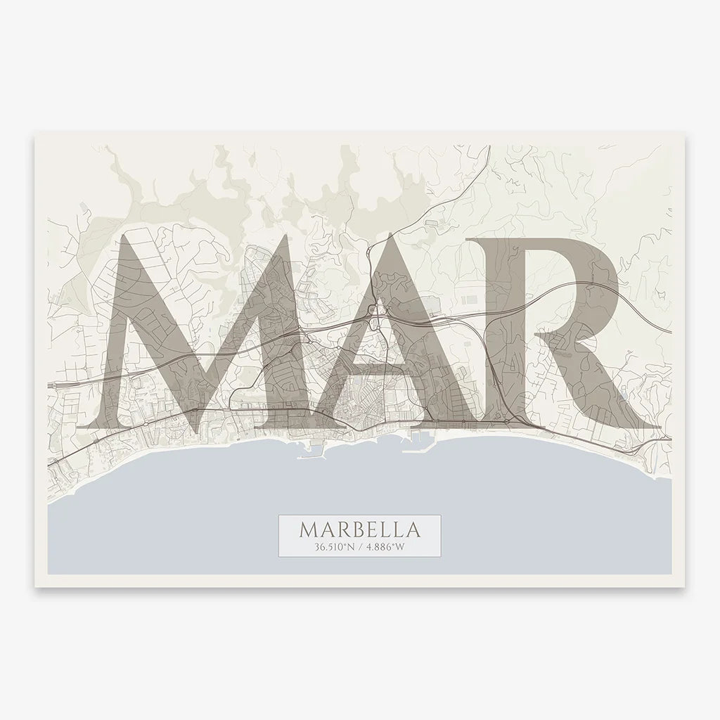 Decorative map of Marbella composed with letters in serif font printed on light brown and an off-white background