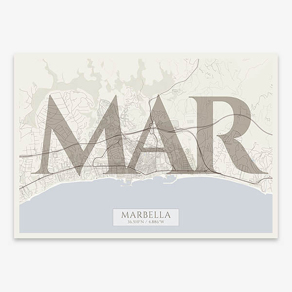 Decorative map of Marbella composed with letters in serif font printed on light brown and an off-white background