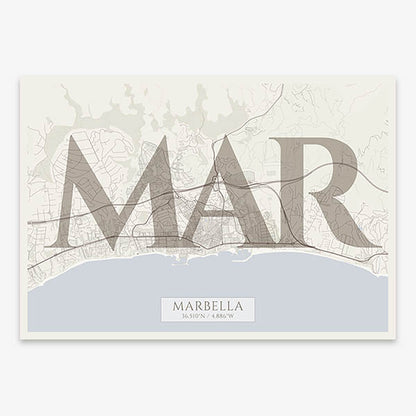 Decorative map of Marbella composed with letters in serif font printed on light brown and an off-white background