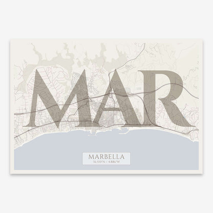 The map of Marbella composed with letters in serif font printed on light brown and an off-white background