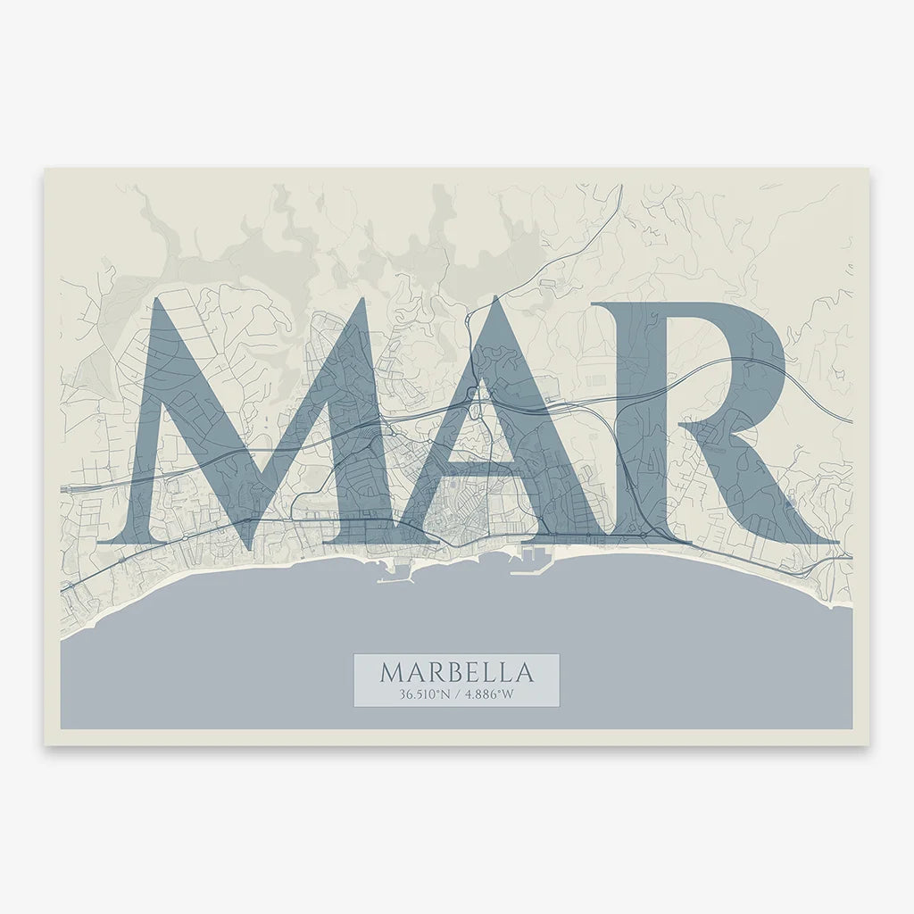Decorative map of Marbella composed with letters in serif font printed on bluish gray and an off-white background