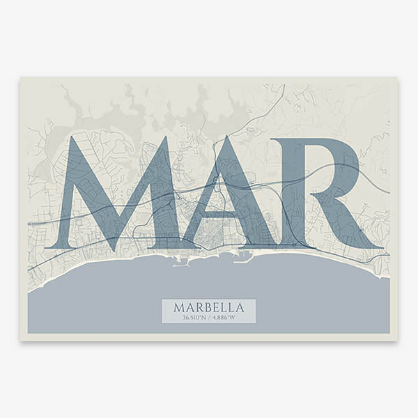 Decorative map of Marbella composed with letters in serif font printed on bluish gray and an off-white background