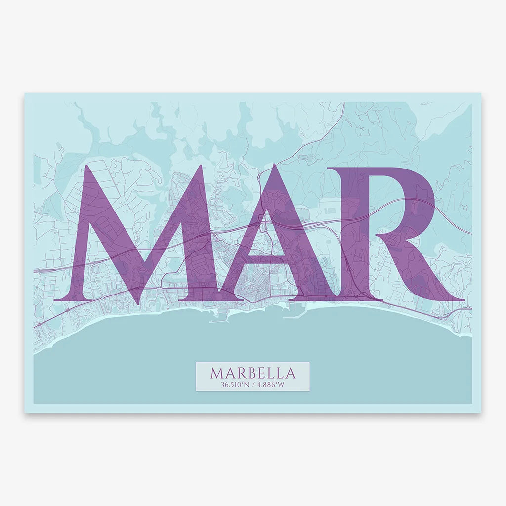 Decorative map of Marbella composed with letters in serif font printed on purple and light blue