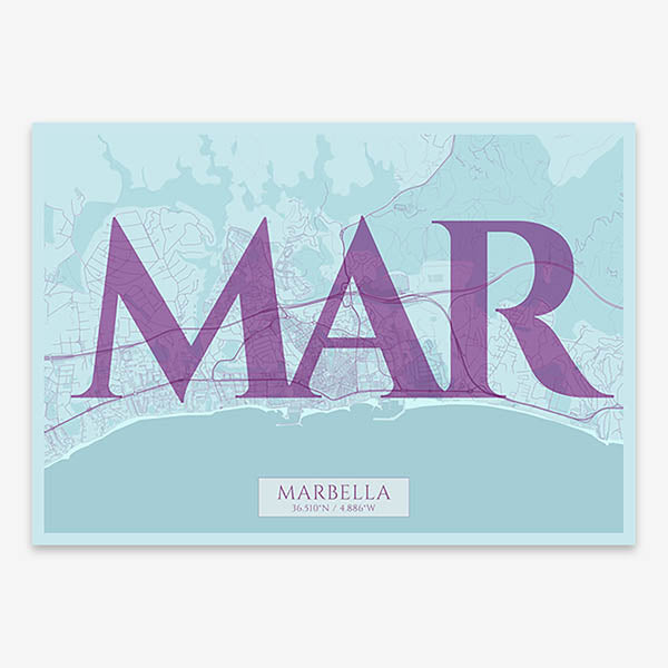 Decorative map of Marbella composed with letters in serif font printed on purple and light blue