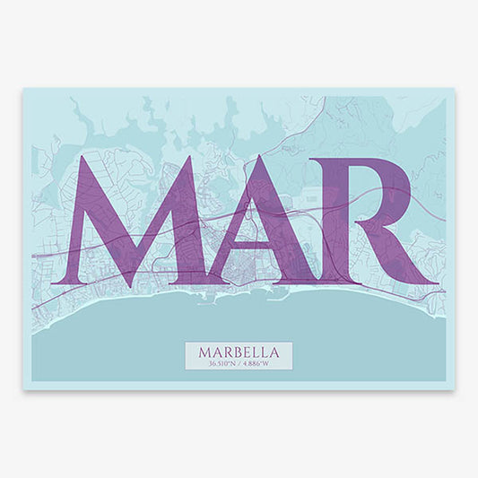 Decorative map of Marbella composed with letters in serif font printed on purple and light blue