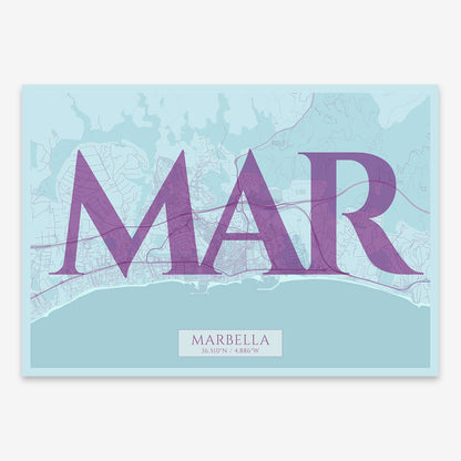 The map of Marbella composed with letters in serif font printed on purple and light blue