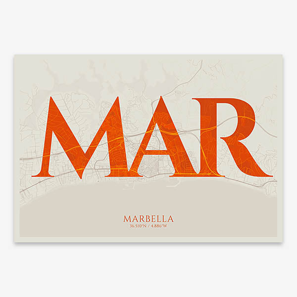 Decorative map of Marbella composed with letters in serif font printed on orange and an off-white background
