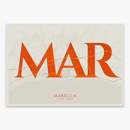 Decorative map of Marbella composed with letters in serif font printed on orange and an off-white background
